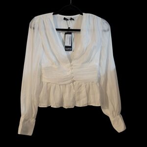 Boohoo woven stripe peplum long sleeve top Ivory size 2